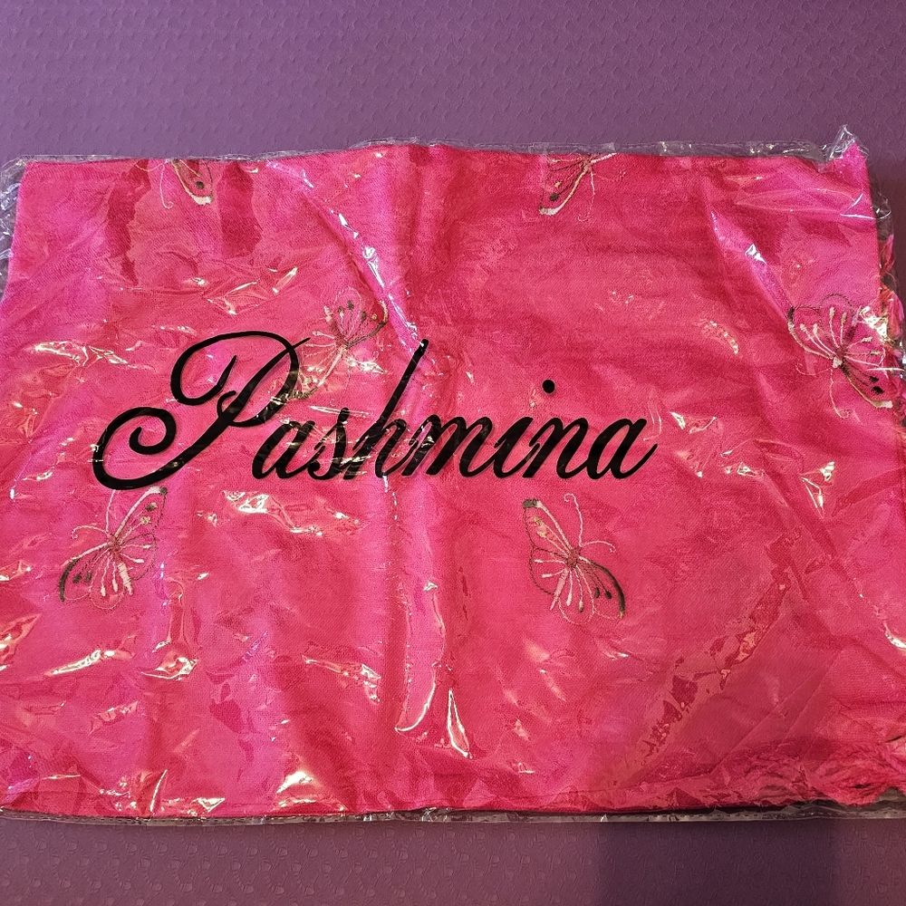 Pashmina brand new with tags pink with embroidered butterflies